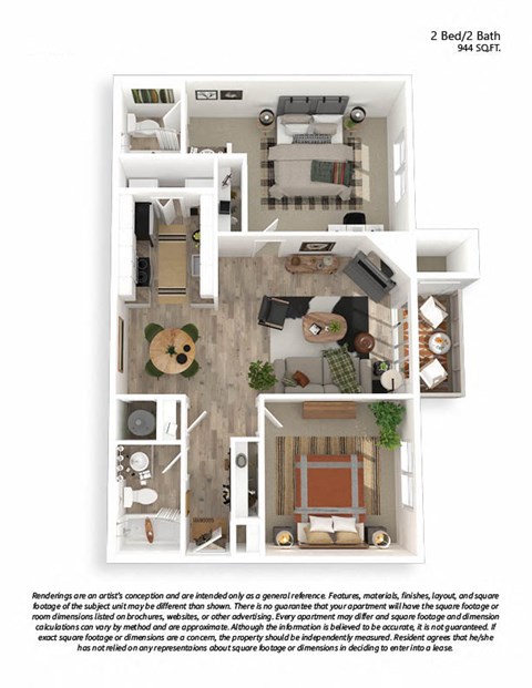 Floor plan for 2 beds, 2 baths, 944 sqft